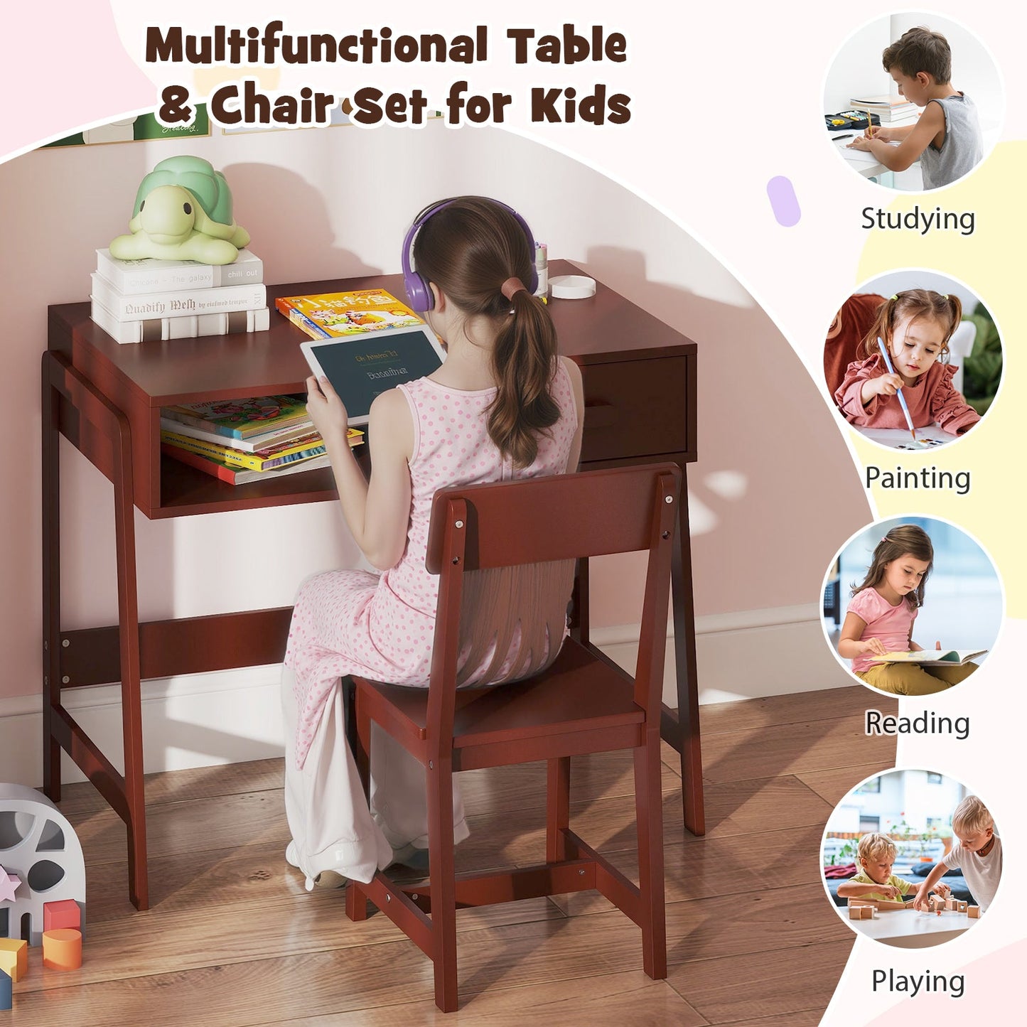 Kids Desk and Chair Set with Storage Drawer and Hutch - Brown