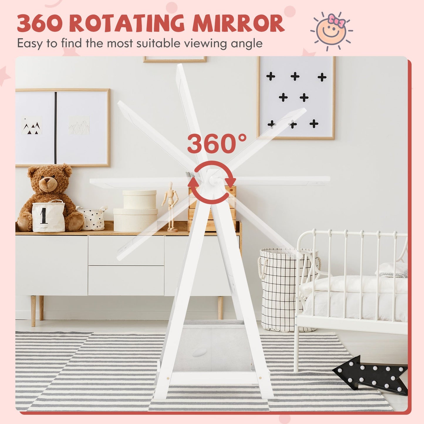 Kids Full Length Mirror with 360° Rotation and Storage - White