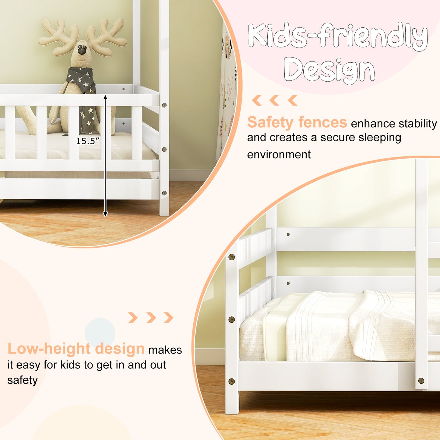 Cama para niños tamaño twin con techo y barandilla de seguridad - Blanca