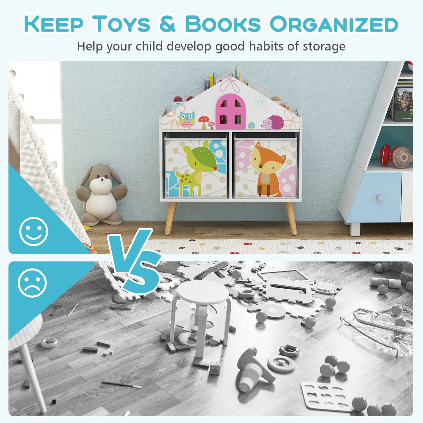 Kids House-Shaped Bookshelf with Storage Bins - White