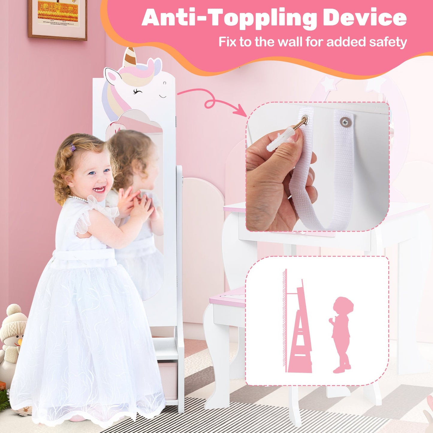 Armario de Joyería para Niños con Almacenamiento y Espejo Ajustable - Blanco