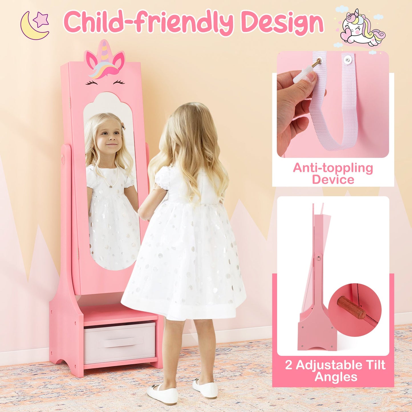 Armario de Joyería para Niños con Espejo de Cuerpo Completo - Rosa