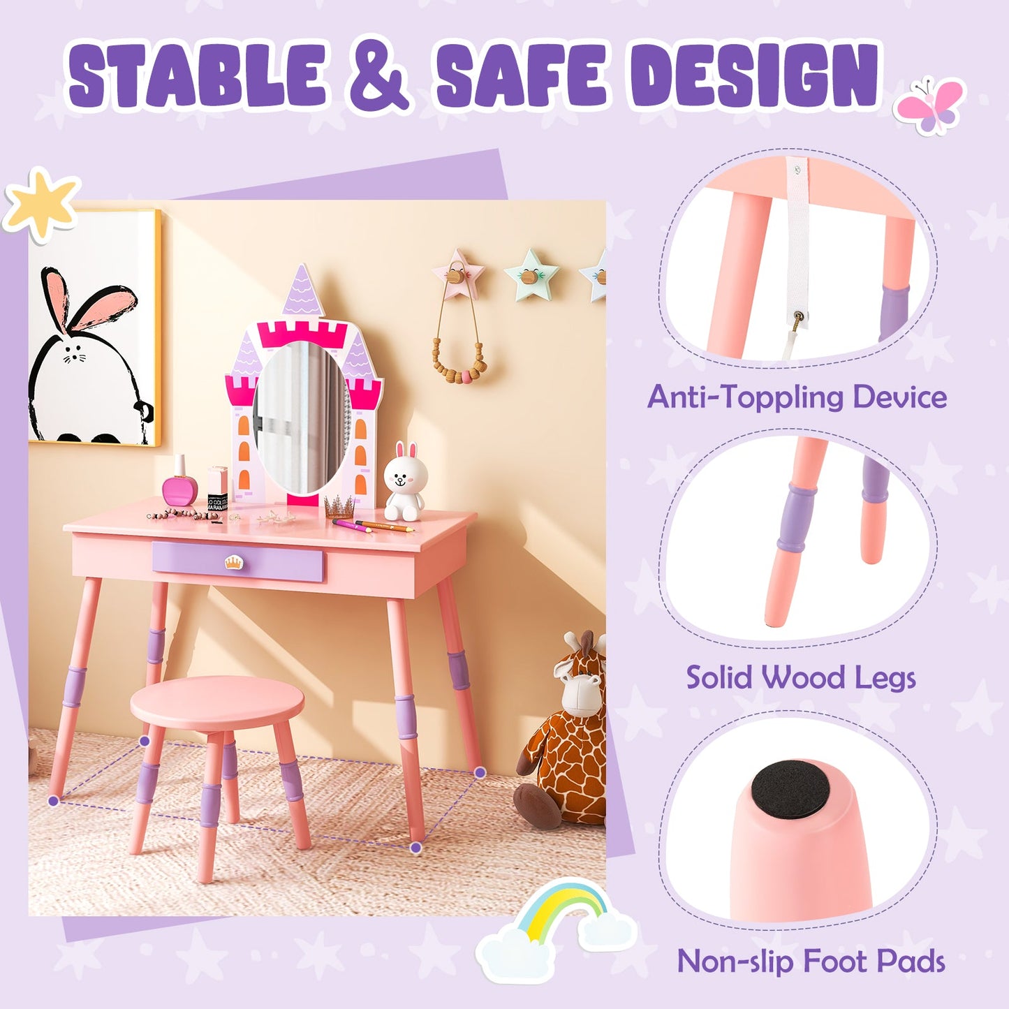 Kids Princess Vanity Table and Stool Set - Pink