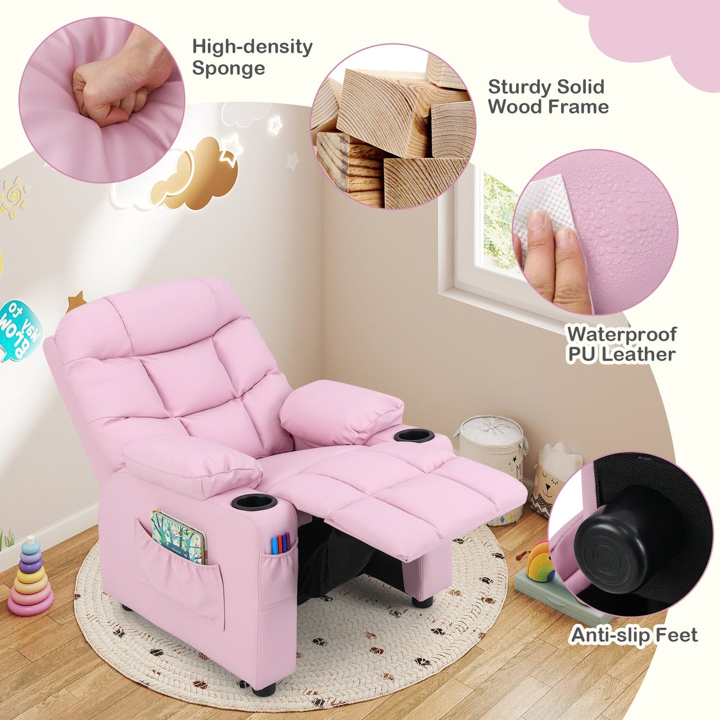 Sillón Reclinable para Niños con Portavasos y Reposapiés - Rosa Claro