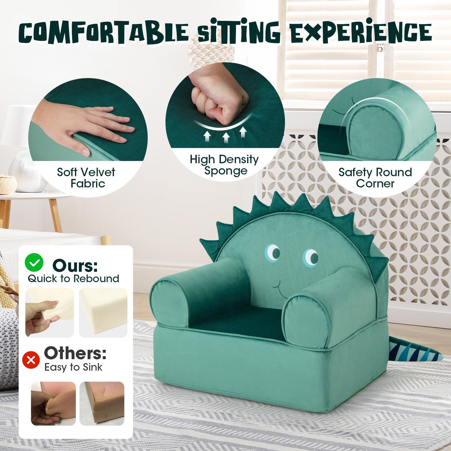 Sofa pour enfants Original avec accoudoir et coussin épais - Vert