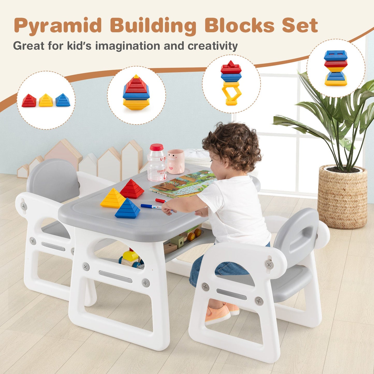 Ensemble de table et de chaises pour enfants avec blocs de construction - Gris