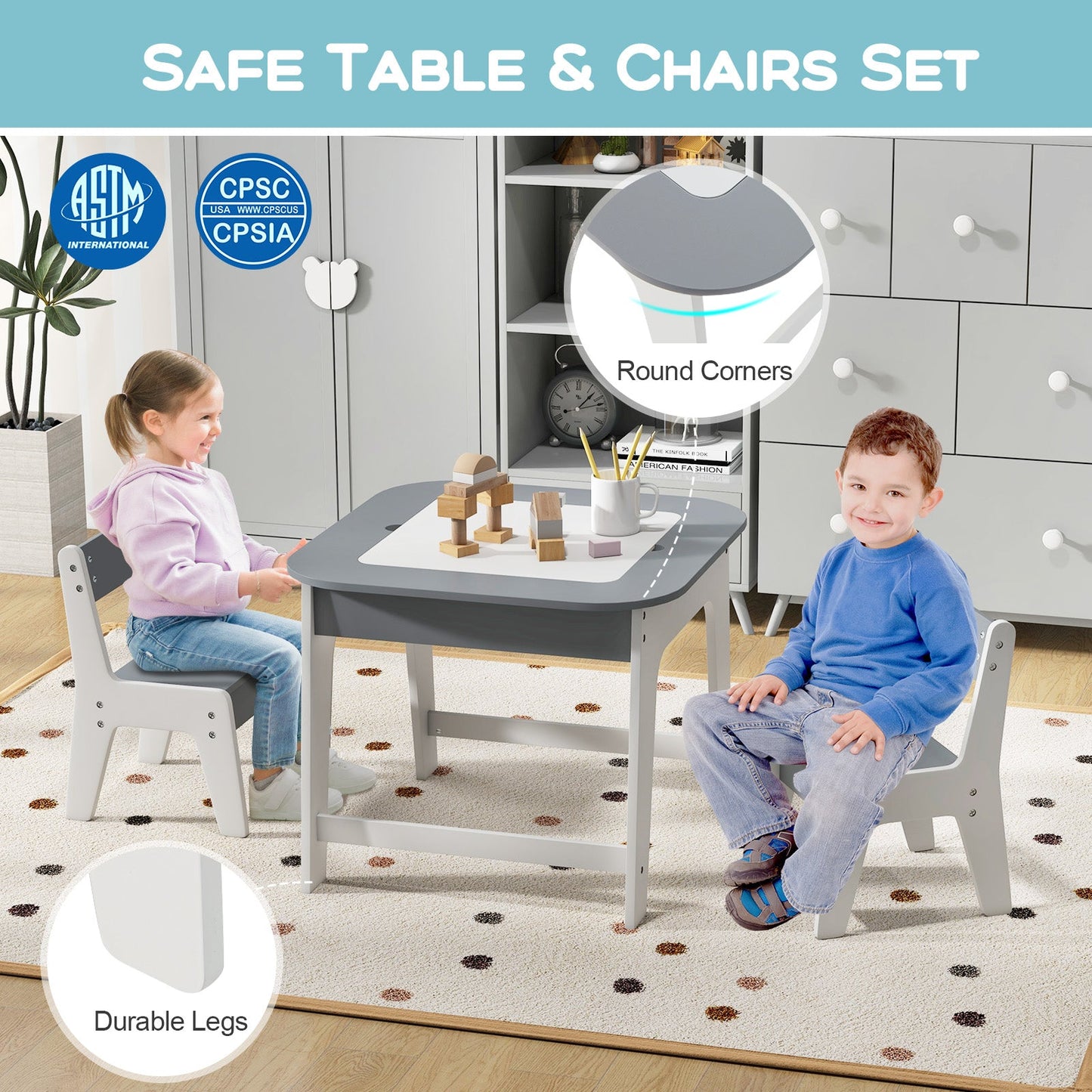 Kid's Table and Chairs Set with Double-sided Tabletop - Gray
