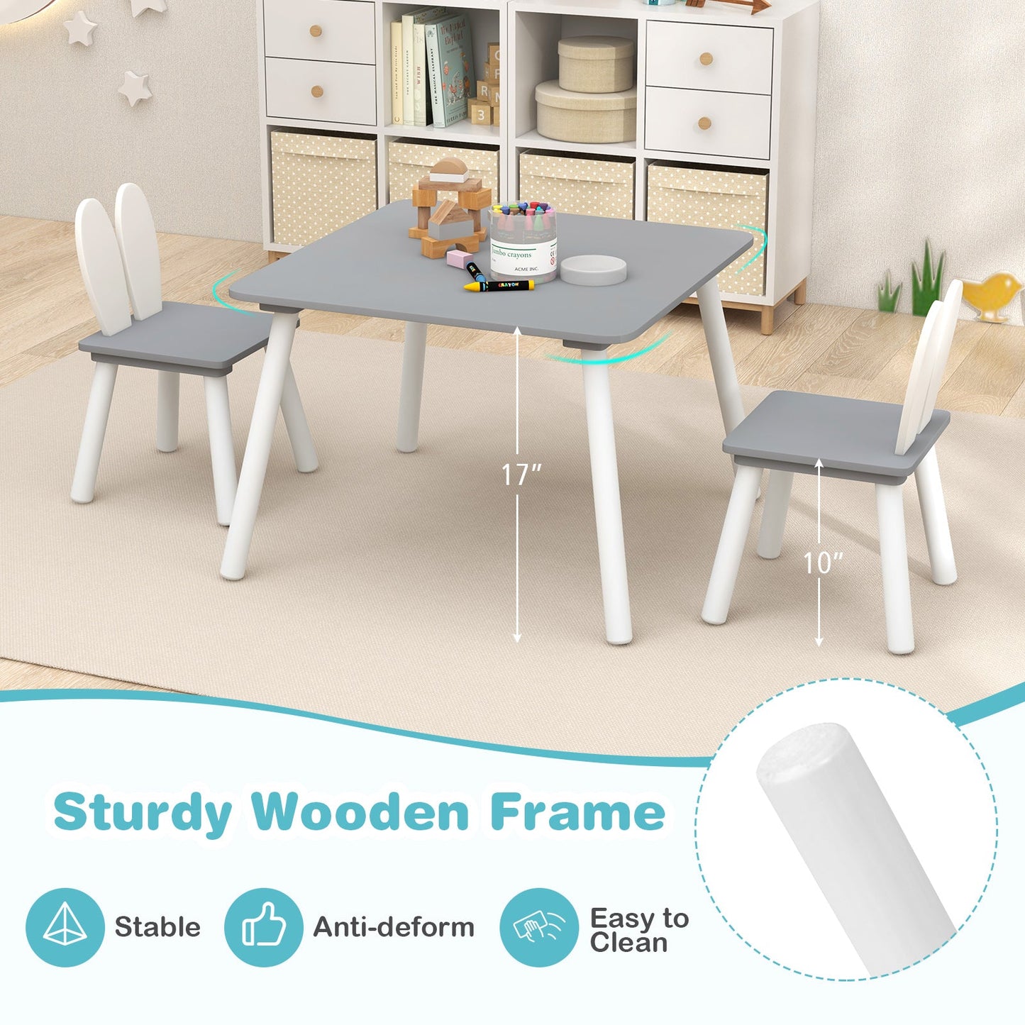 3-Piece Kids Table and Chairs Set - Gray