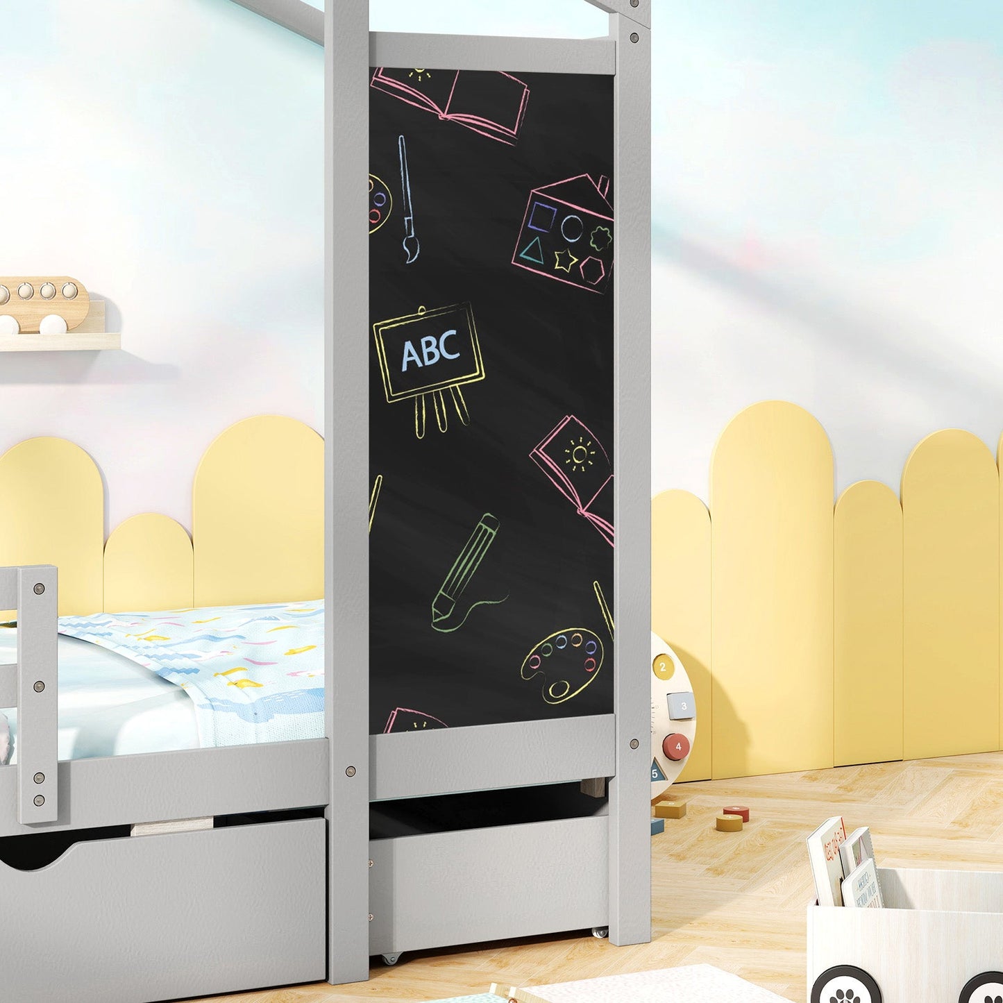 Cama Twin para Niños con 2 Cajones en Madera Sólida - Gris Pizarra