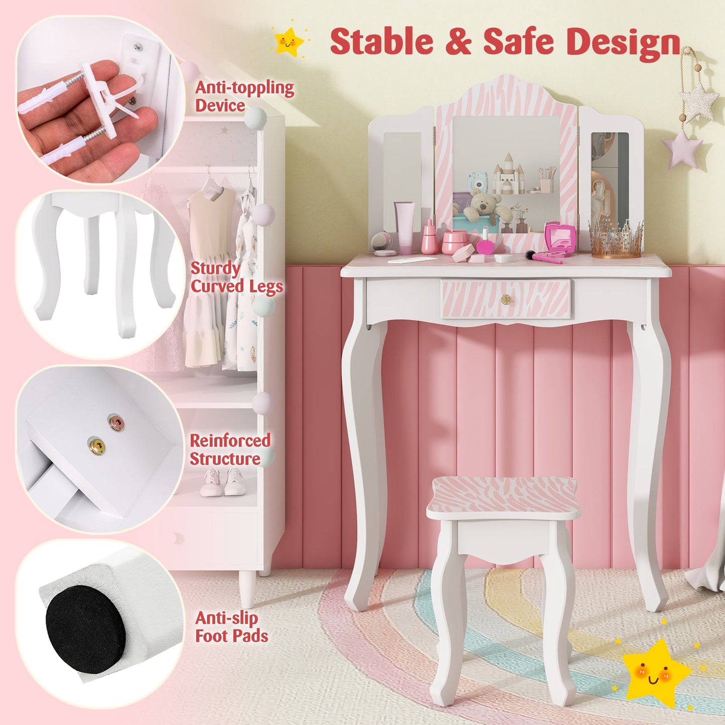 Conjunto de Tocador Rosa para Niños con Cajón y Accesorios de Maquillaje