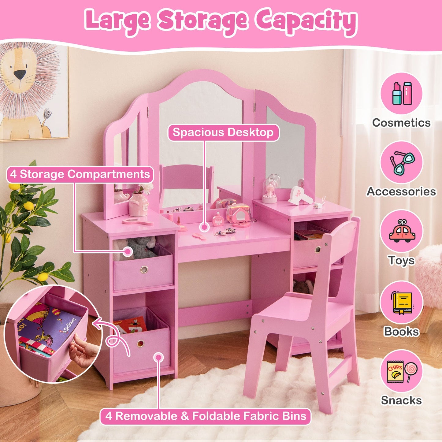 Kids Vanity Table and Chair Set with Removable Mirrors - Pink