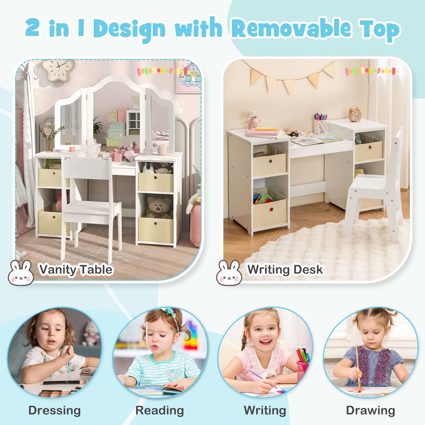 Ensemble de Table de Maquillage et Chaise pour Enfants avec Miroirs et Rangement - Blanc