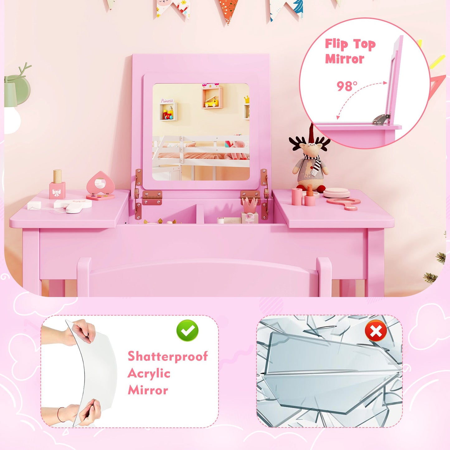 2-in-1 Kids Vanity Makeup Table and Chair Set - Pink