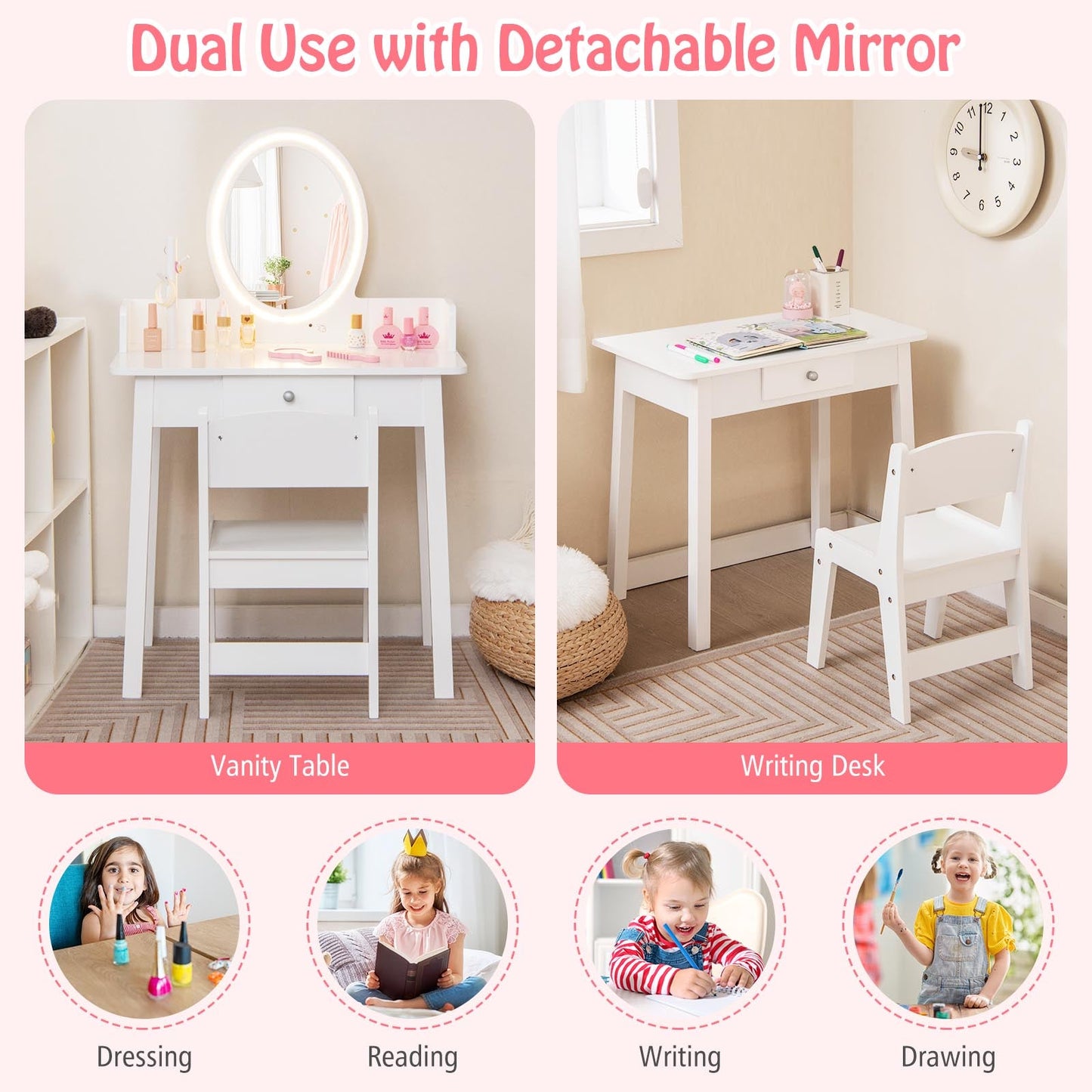 Conjunto de Tocador para Niños con Espejo Iluminado - Blanco