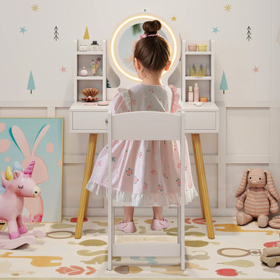 Kids Vanity Set with Lighted Mirror and Storage Drawers - White