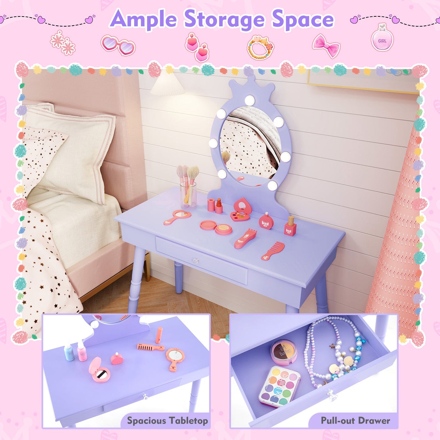 Conjunto de tocador para niños Gbruno con espejo iluminado - Púrpura
