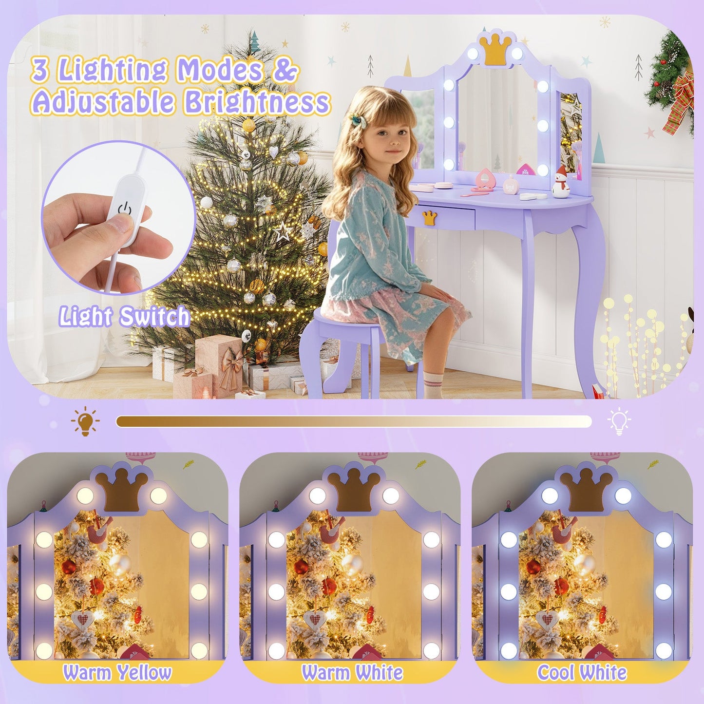 Conjunto de Tocador para Niños con Espejo Iluminado de Tres Plegados - Púrpura