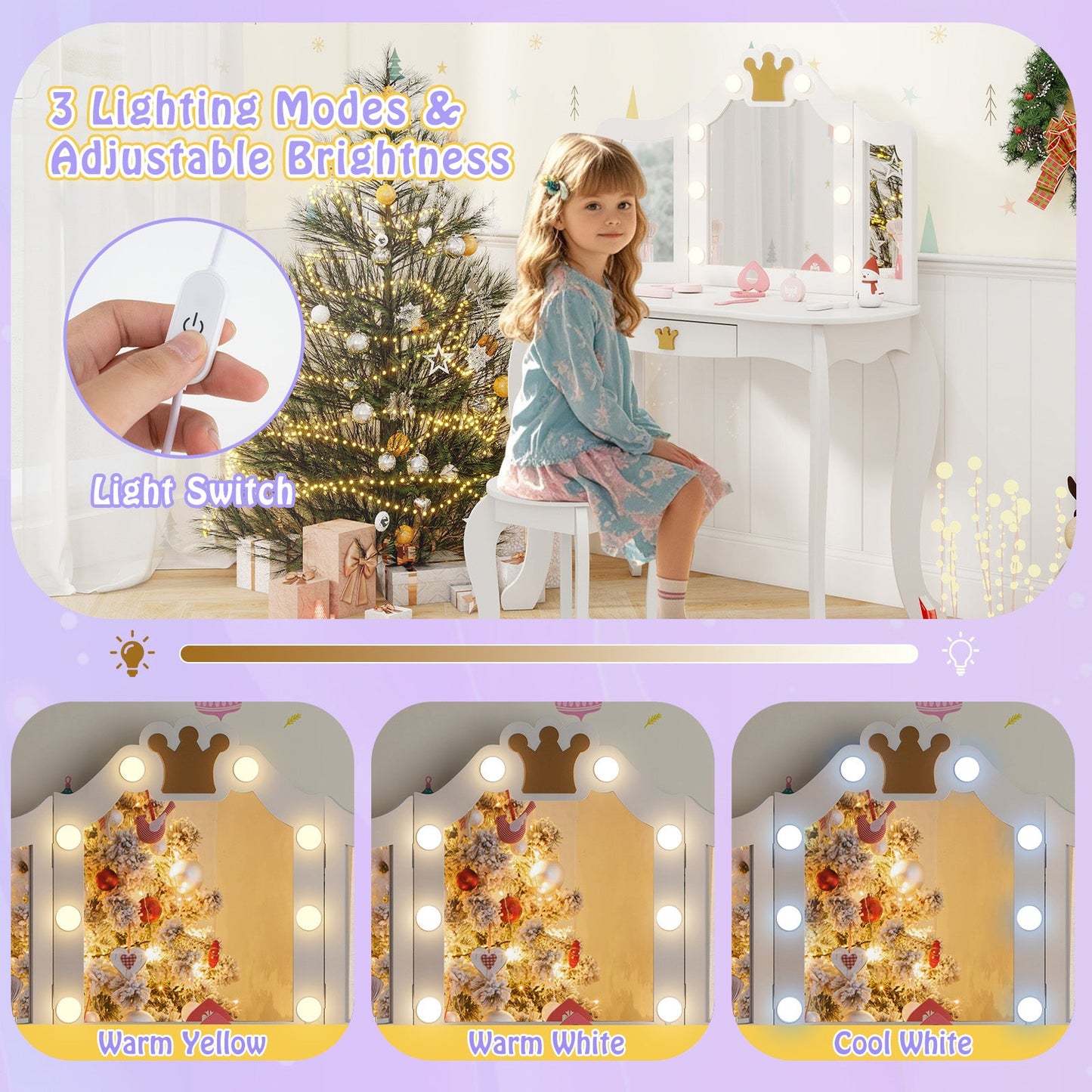 Conjunto de Tocador para Niños con Espejo Iluminado de Tres Plegados y Taburete - Blanco