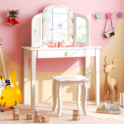 Kids Vanity Table Set with Tri-Folding Mirror - White