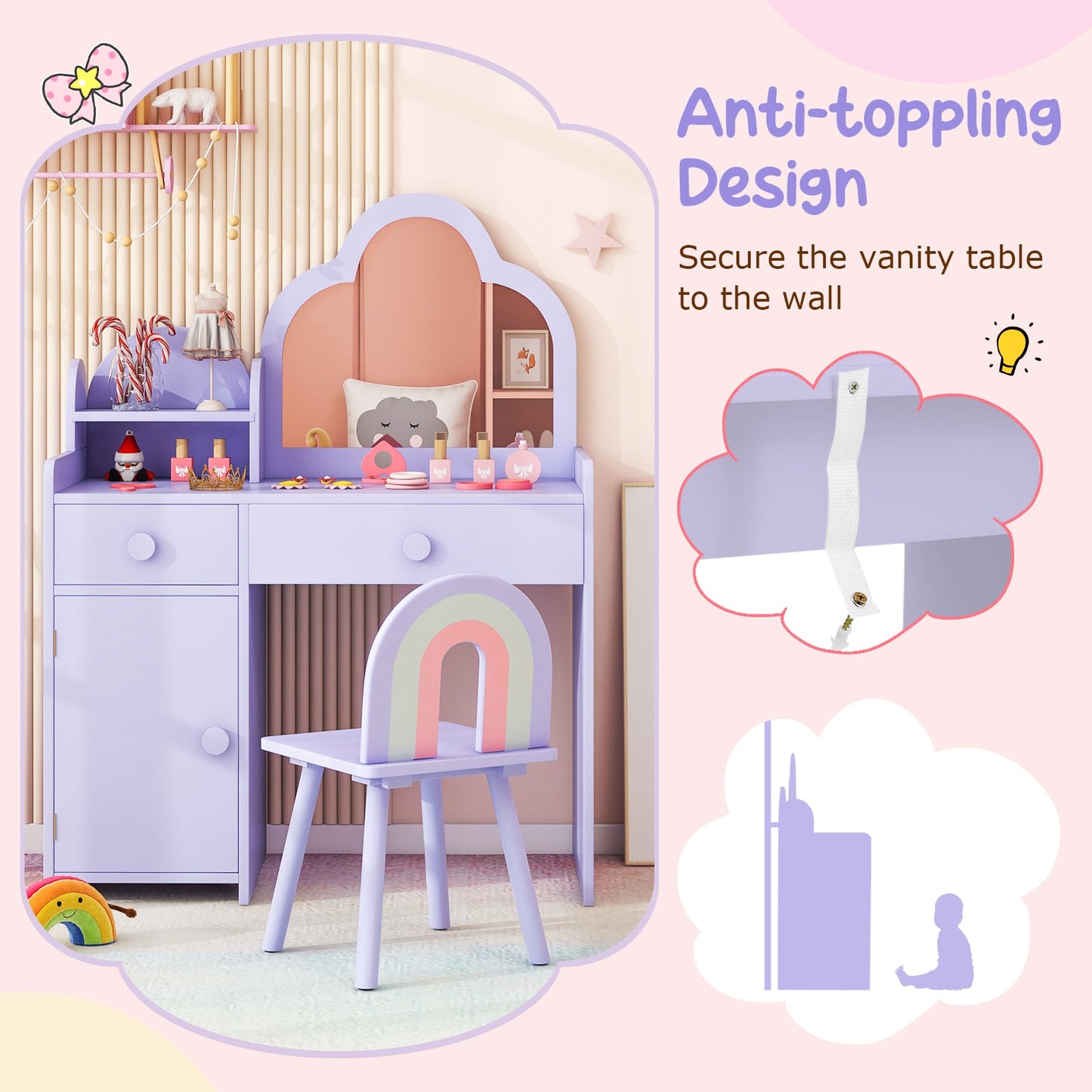 Ensemble de table de maquillage et chaise pour enfants avec miroir en forme de nuage - Violet