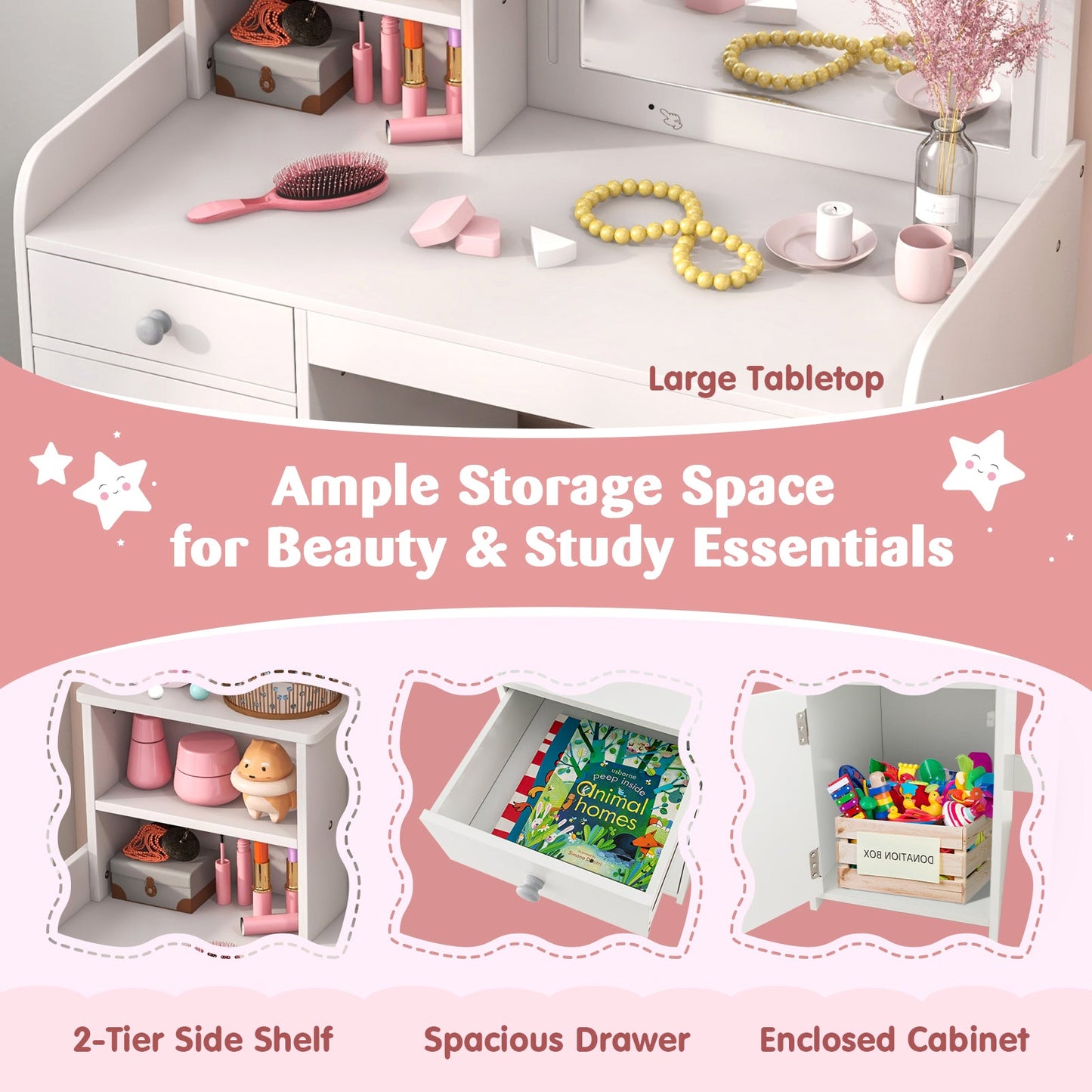 Conjunto de Mesa y Silla de Tocador para Niños con Almacenamiento - Blanco
