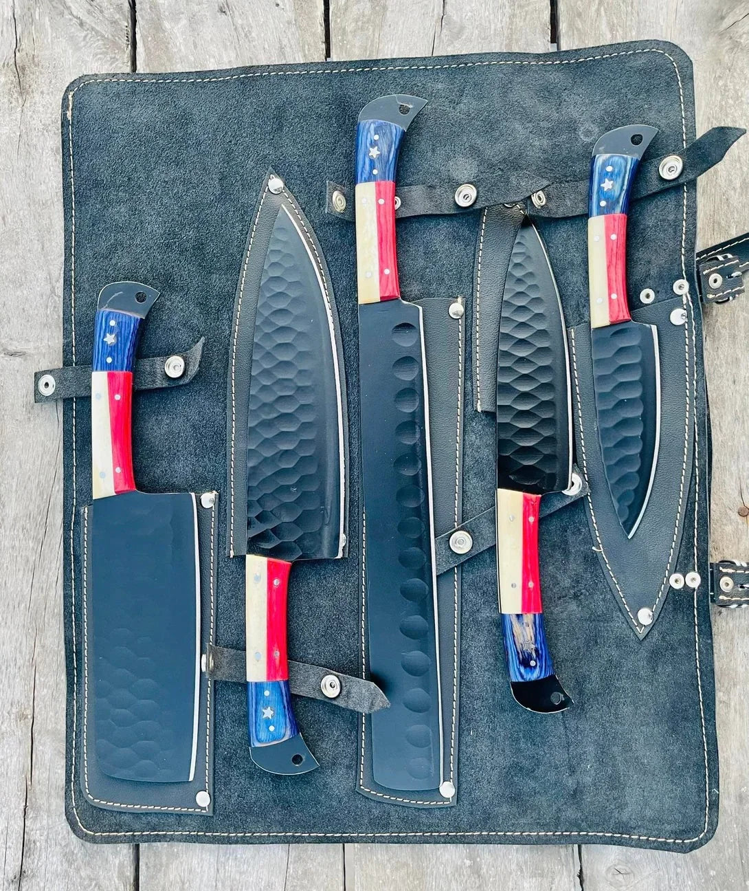 Juegos de cuchillos de cocina: cuchillo de chef de acero inoxidable forjado de 33 cm con mango de hueso y madera de pakkawood y funda de cuero.