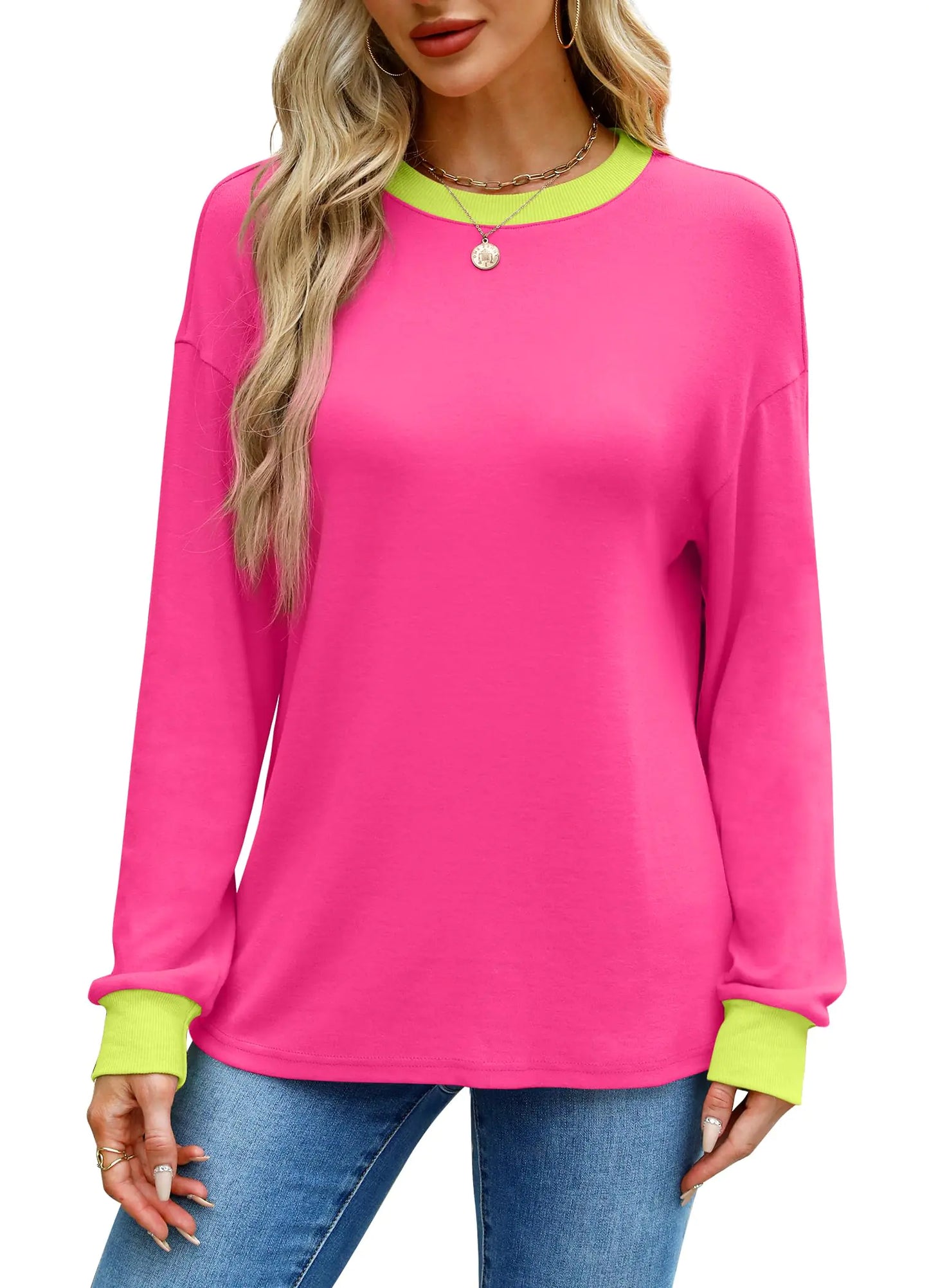 WIHOLL Women's Long Sleeve Striped Tunic Top - Hot Pink, X-Large