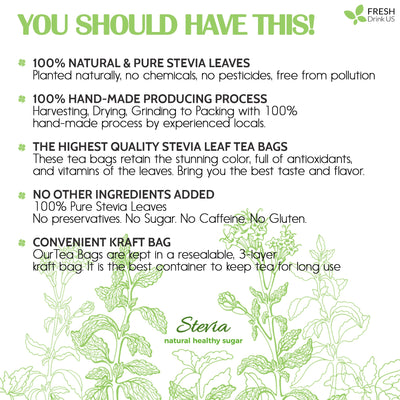 Stevia Leaf Tea Bags, 100% Natural & Pure Stevia leaves, Eco-Conscious Tea Bags, Stevia Herbal Tea. Stevia Leaf Tea. No Sugar, No Caffeine, No Gluten, Vegan - Korvel