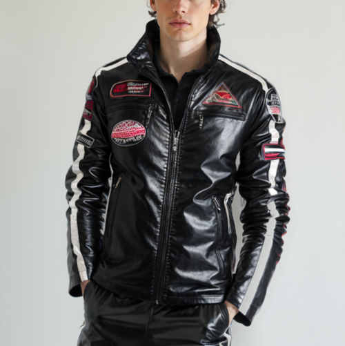 Chaqueta de Cuero Vegano para Hombre Estilo Biker con Insignias