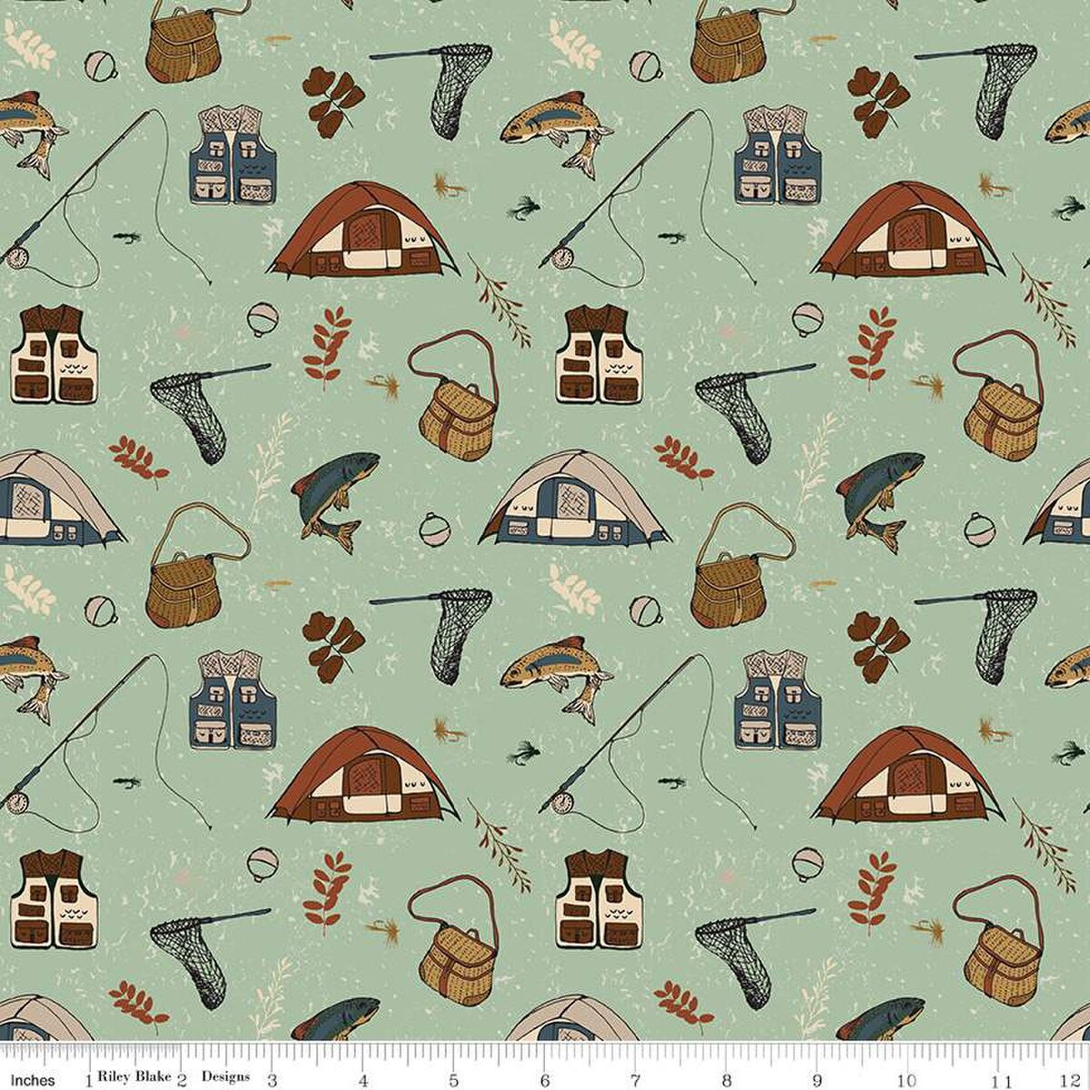 Let's Wander Gone Fishing Sage Cotton Fabric - 43"/44" Per Yard
