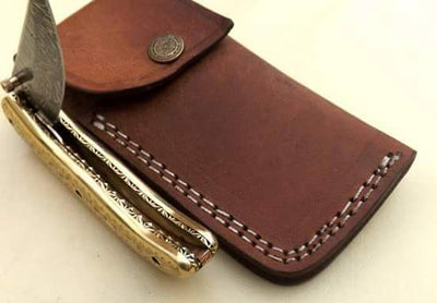 Artisan Crafted Damascus Steel Folding Pocket Knife with Elegant Brass Handle - Korvel
