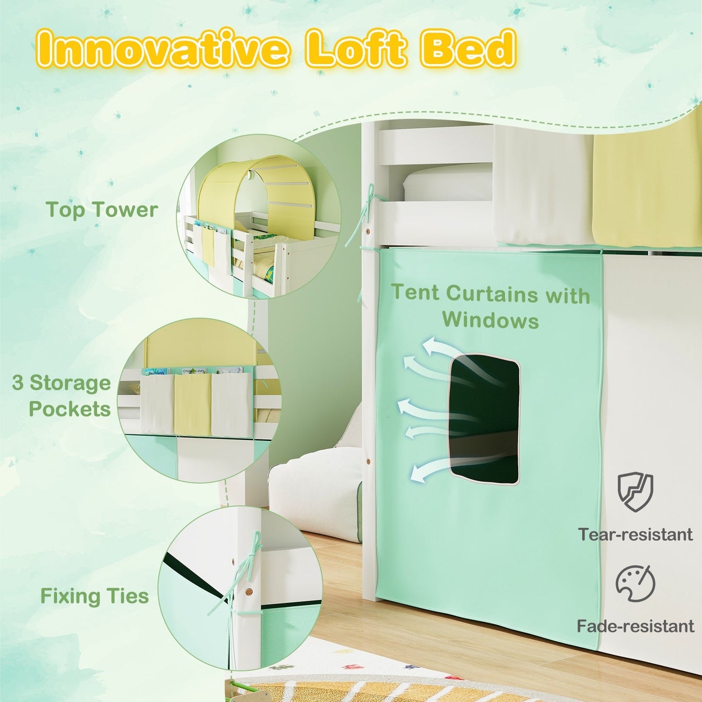Twin Size Loft Bed Playhouse with Tower Tent - Turquoise