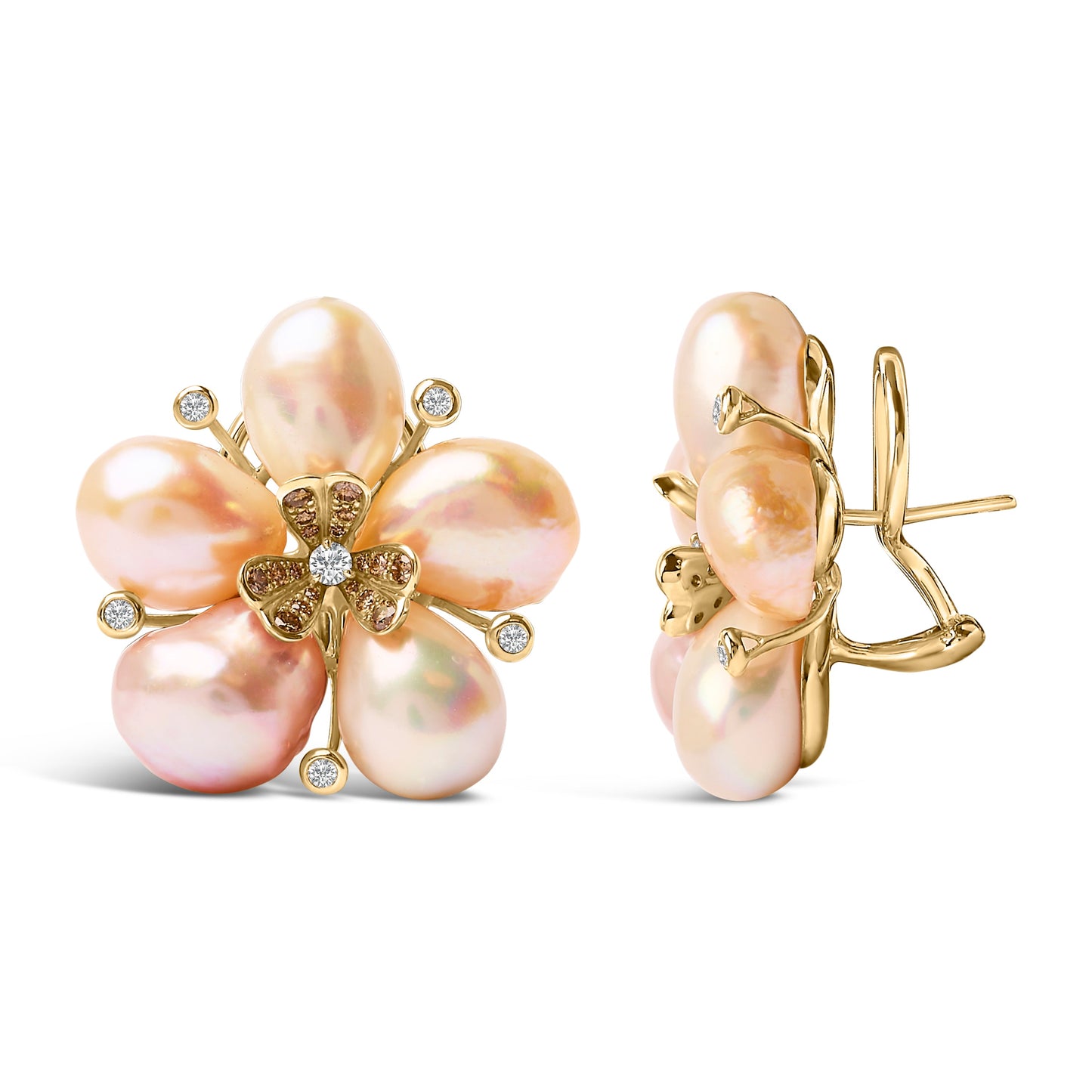 Pendientes de Stud de Flor de Oro Rosa de 18K con Diamantes y Perlas de Agua Dulce