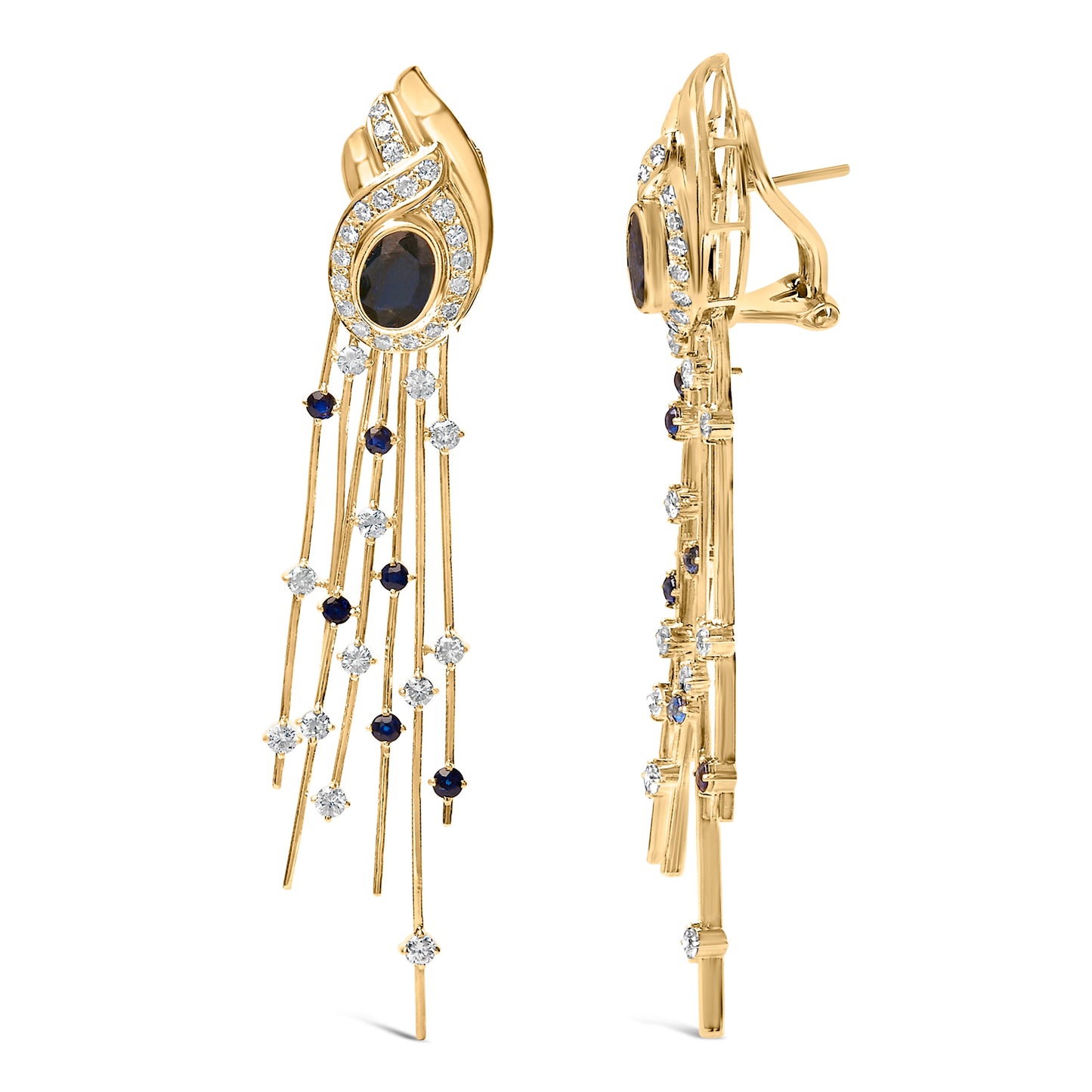 14K Yellow Gold Diamond & Blue Sapphire Chandelier Earrings