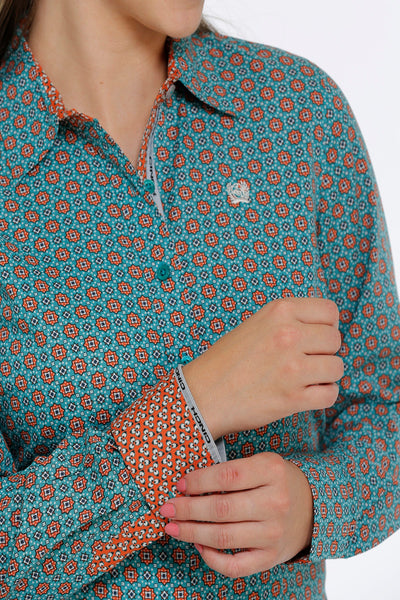 Teal Geo Print Women's Cinch Long Sleeve Shirt - Korvel