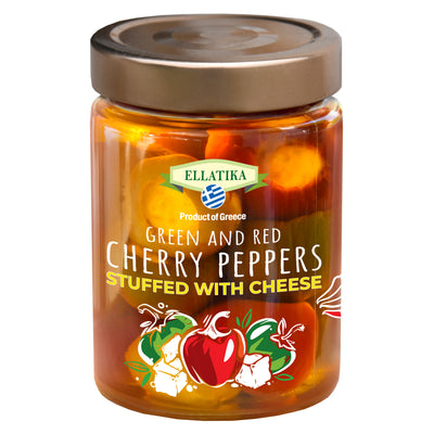 ELLATIKA Cheese-Stuffed Red & Green Cherry Peppers – in Sunflower Oil – 11.28 oz Jar - Korvel