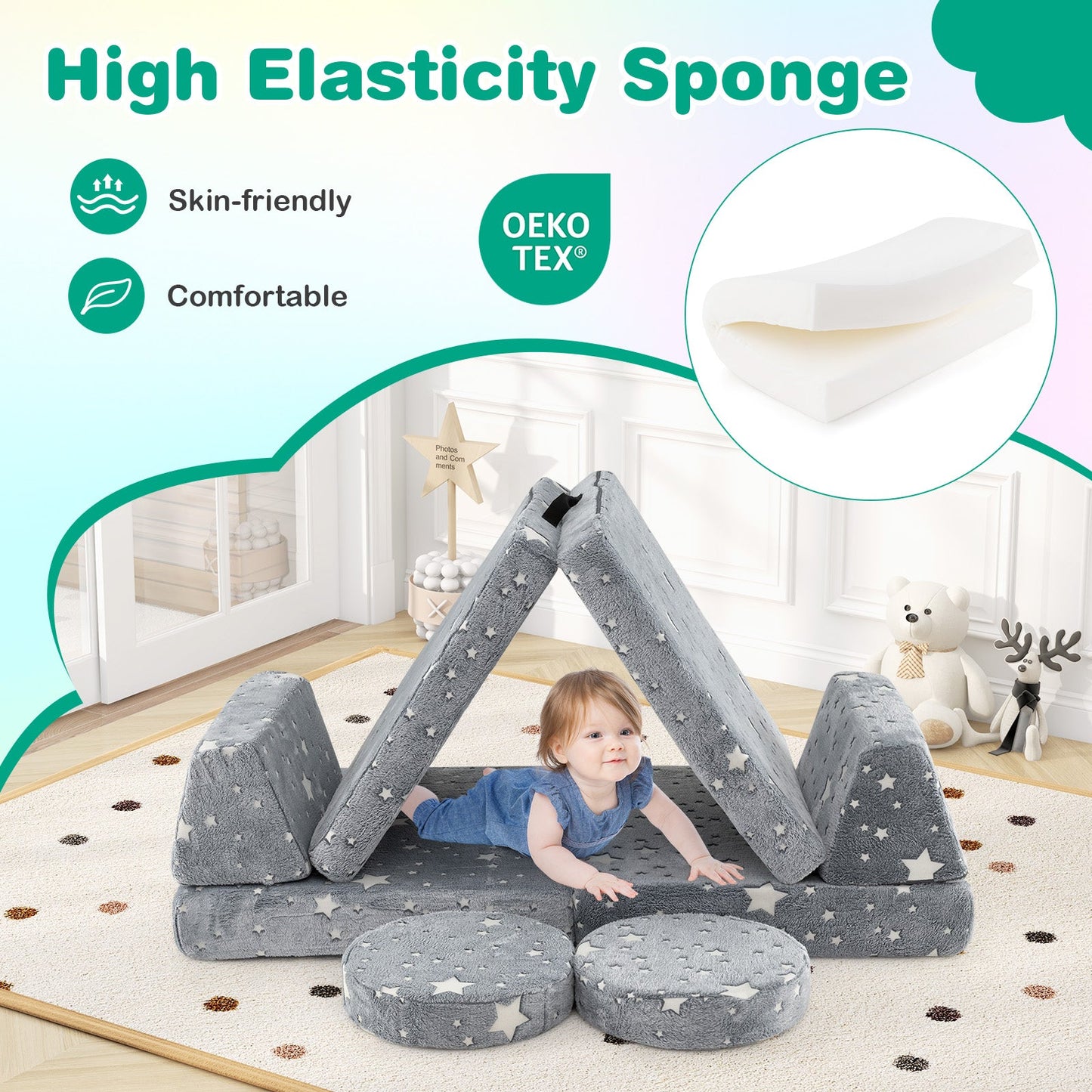 Modular Kids Play Couch Set - Glow in the Dark, Gray