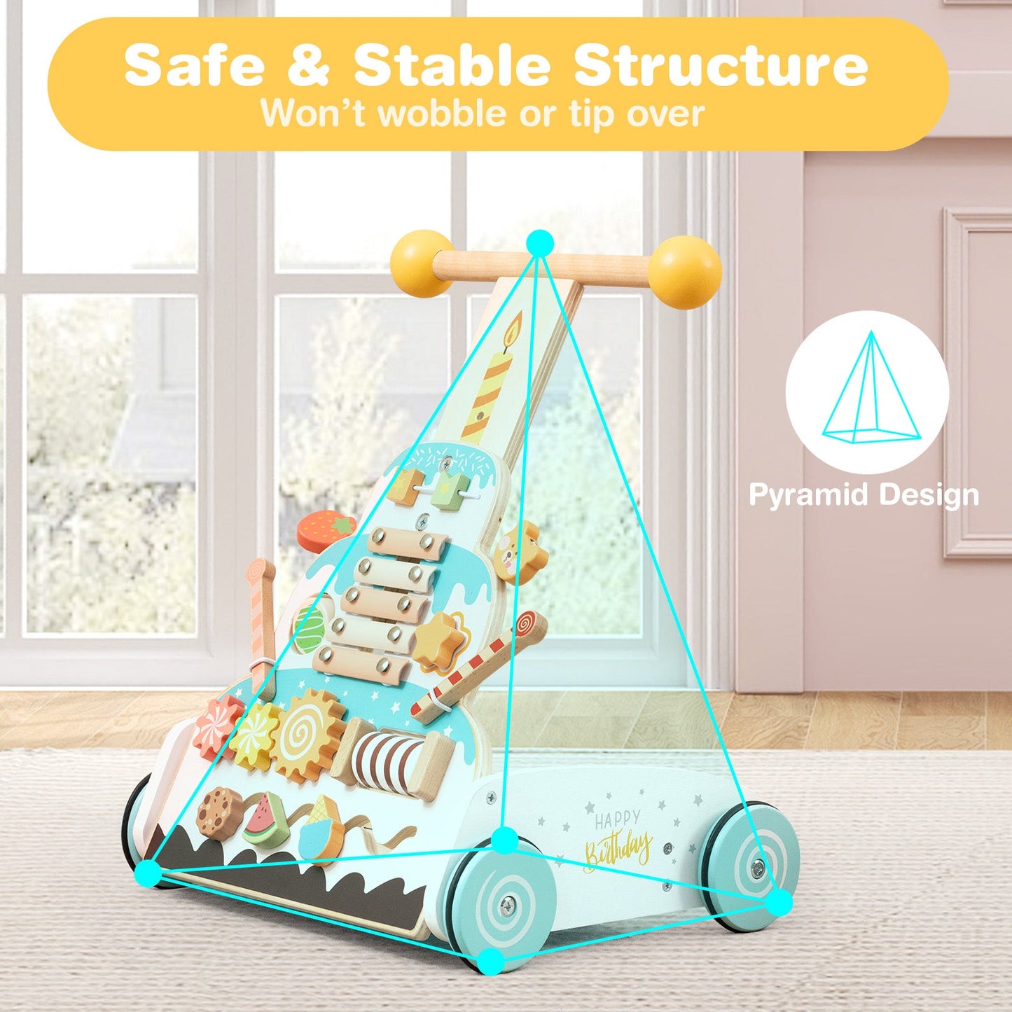 Wooden Baby Walker with Adjustable Heights and Smooth Wheels