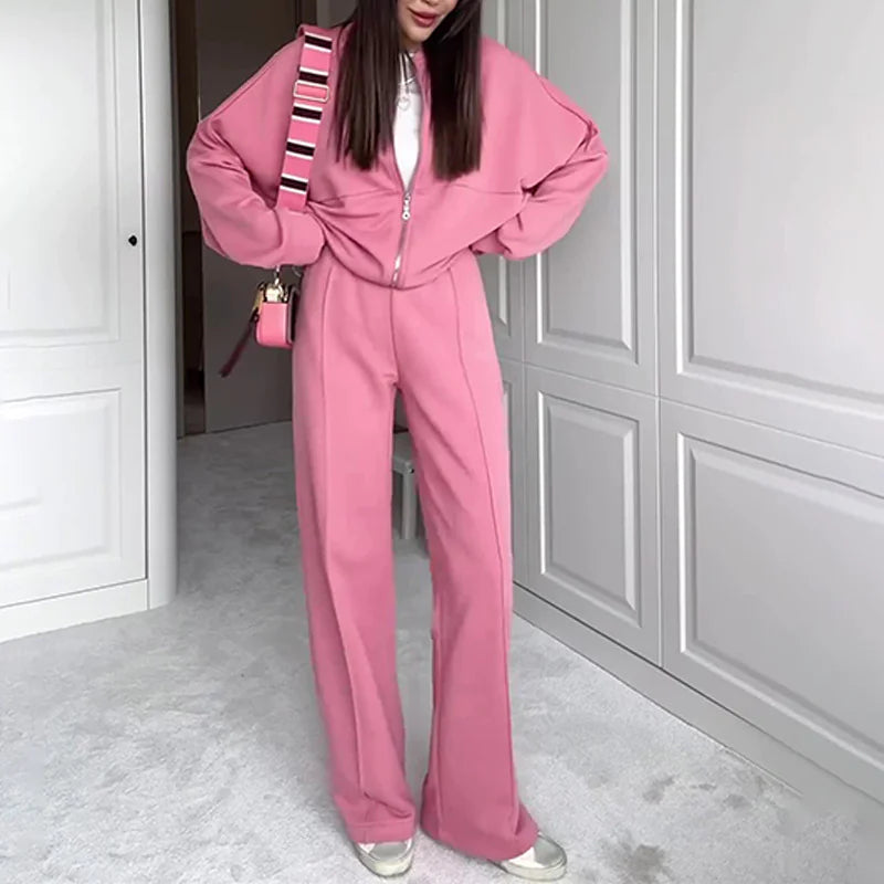 Conjunto de Suéter y Pantalones de Color Sólido con Cremallera BASIC para Mujeres