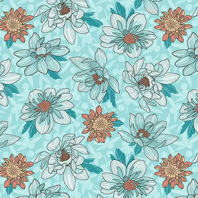 Aqua Dahlias at Dusk Floral Toss Cotton Fabric Per Yard