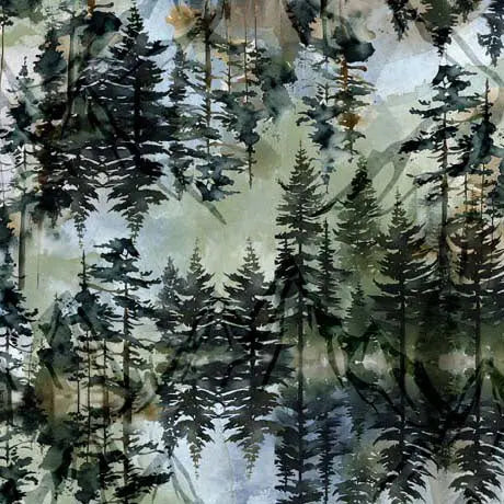 Tissu en coton multicolore Merveille de la nature avec des pins par yard