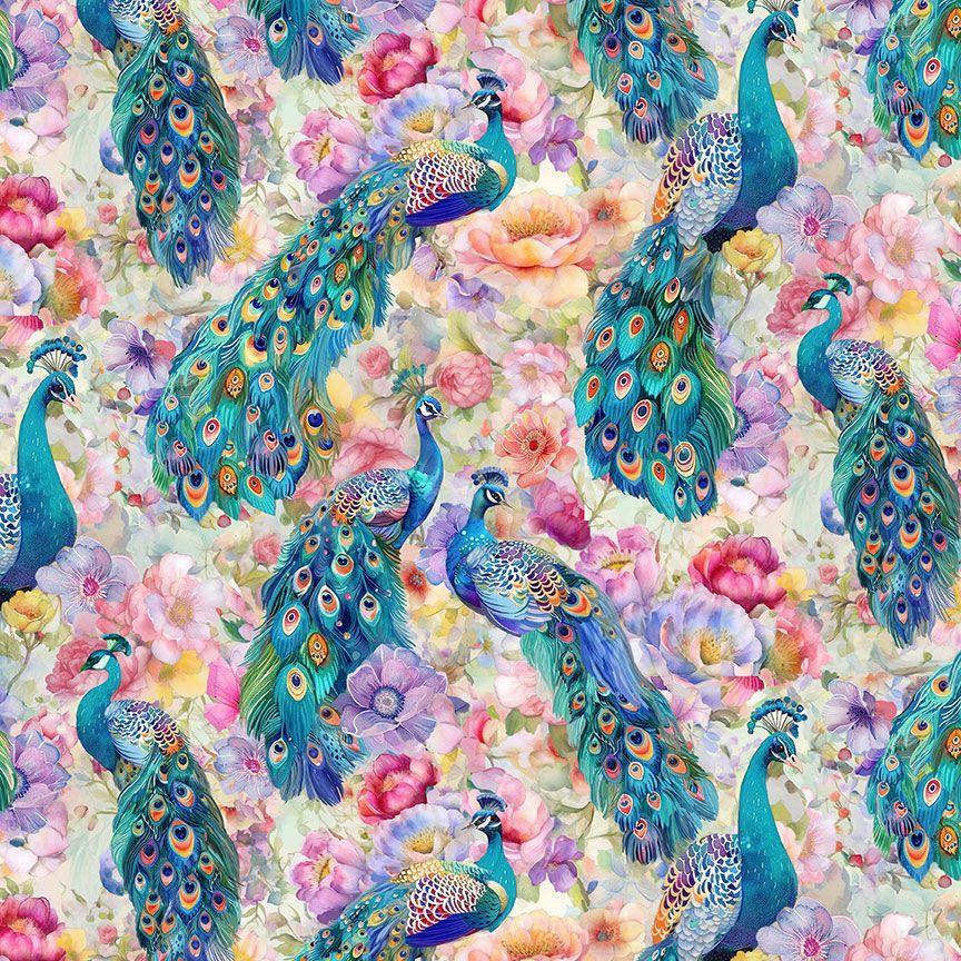 Multi Pavos Reales Sobre Tela Floral Belleza Silvestre de Algodón