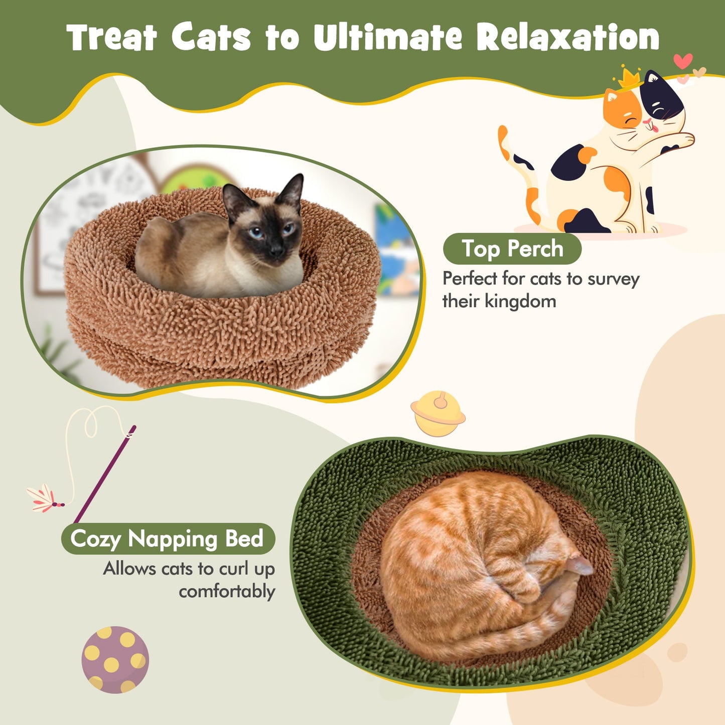 Árbol para Gatos Multinivel con Postes de Rascado y Perchero de Felpa - Verde