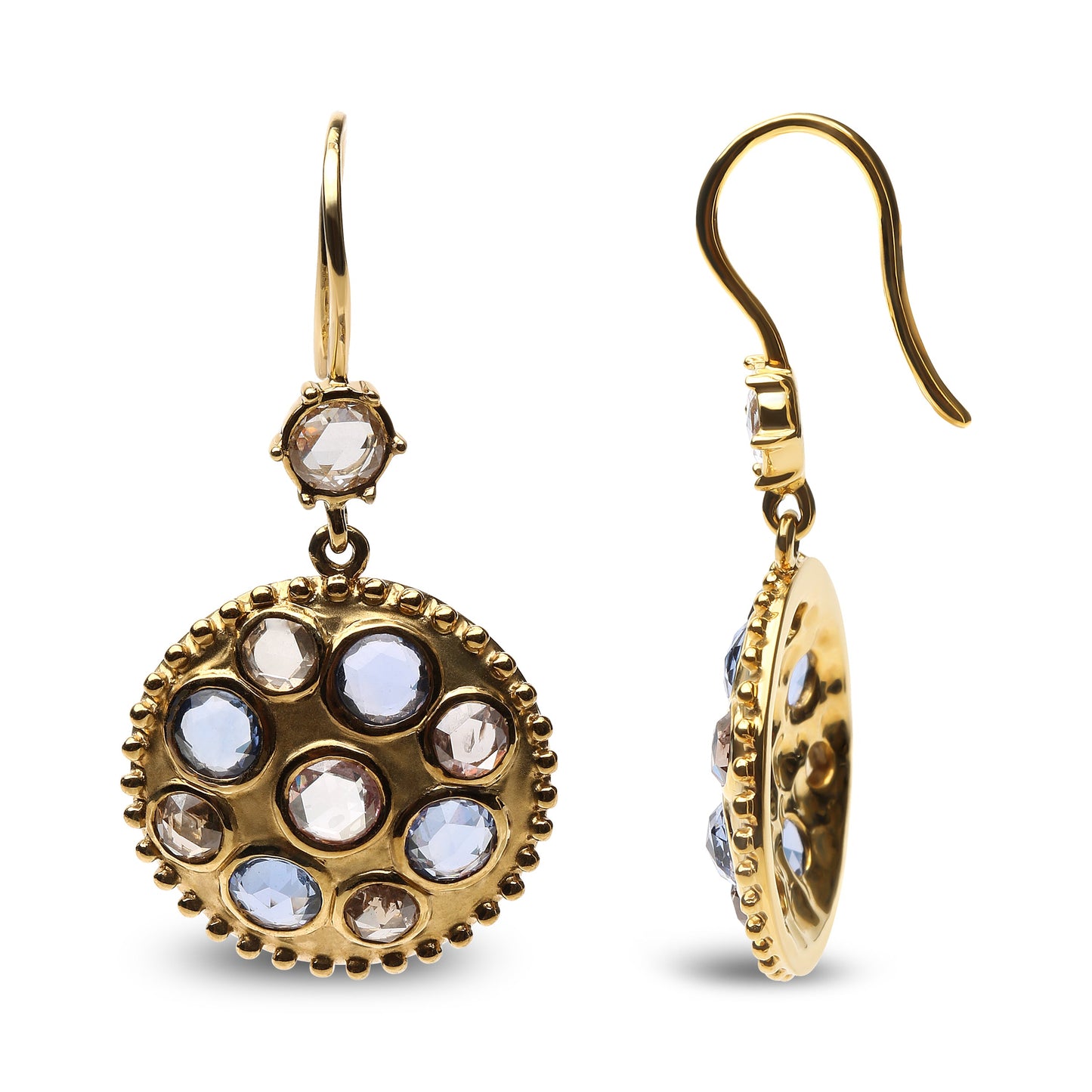 18K Yellow Gold Diamond and Blue Sapphire Dangle Earrings