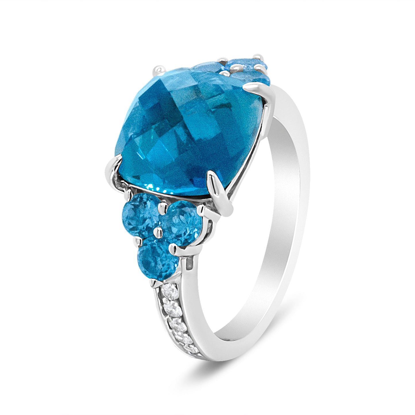 Bague en Or Blanc 18 Carats avec Topaze Bleue en Forme de Coussin et Diamants - Taille 6.5