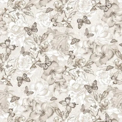 Tissu en coton naturel monotone avec papillons et fleurs
