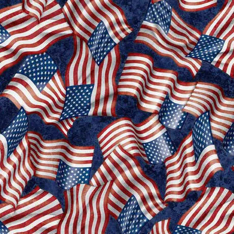 Navy American Heroes Police Wavy Flag Cotton Fabric