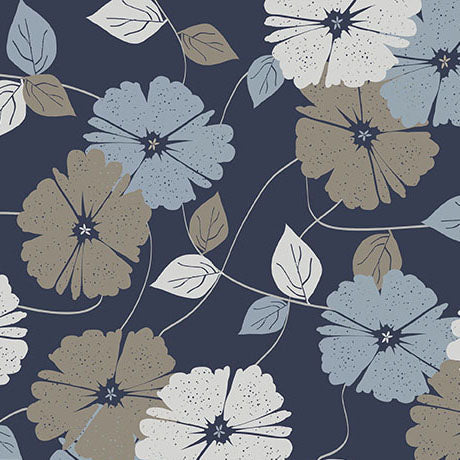 Tissu en coton floral vignes moderne raffiné bleu marine - 43"/44" par yard