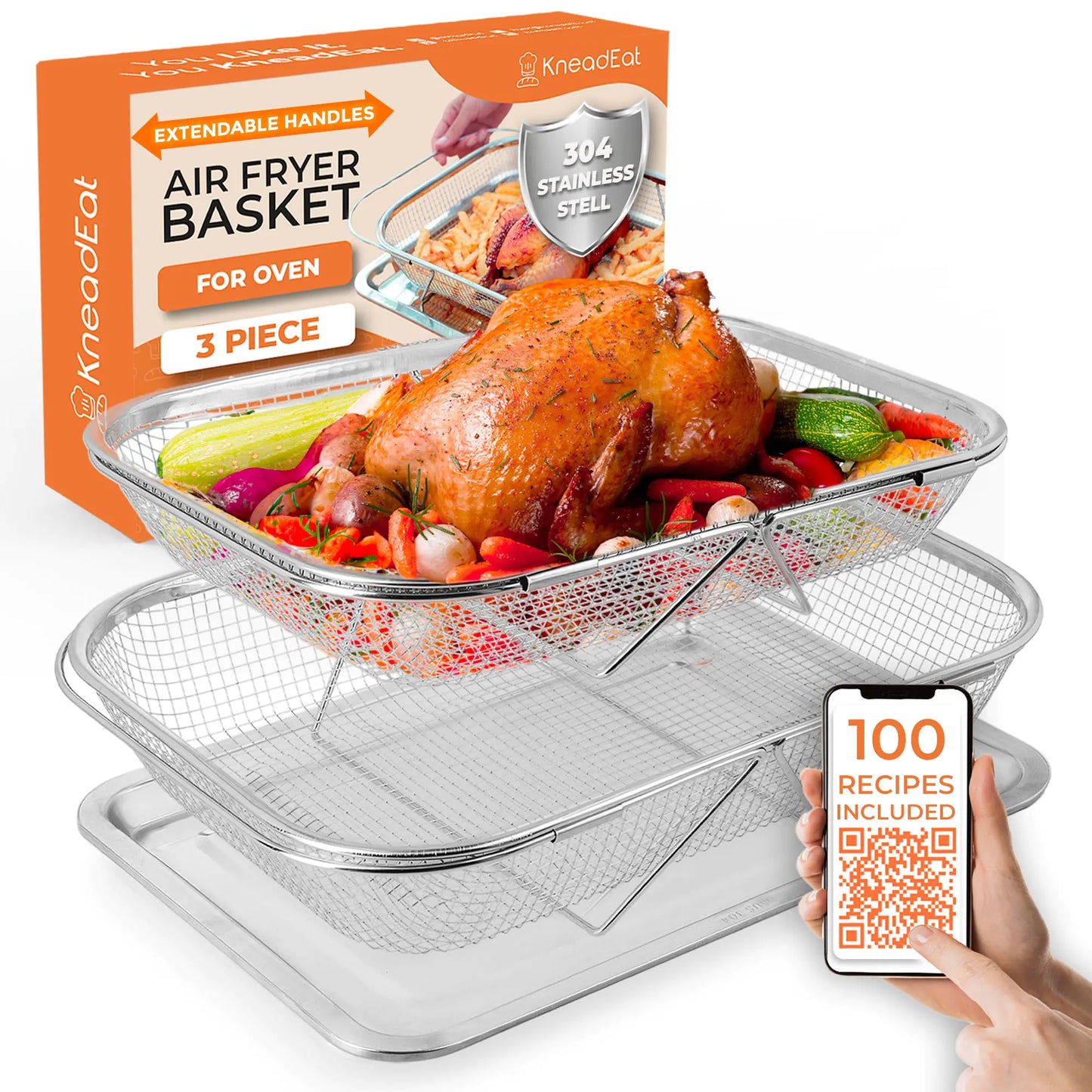 Air Fryer Basket Set with Extendable Handles - 304 Stainless Steel