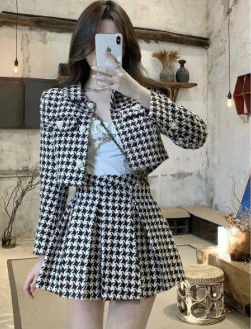 Conjunto de Blazer y Falda de Houndstooth con Estilo